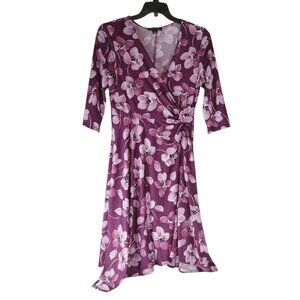 Perceptions New York Dress Womens M  Purple Floral Jersey Knit Faux Wrap Office